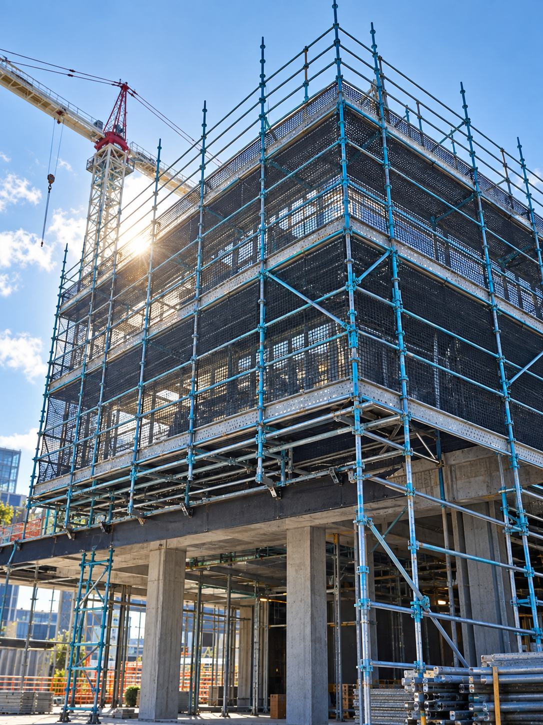 Roof-edge scaffold platform and mesh screening along a building parapet